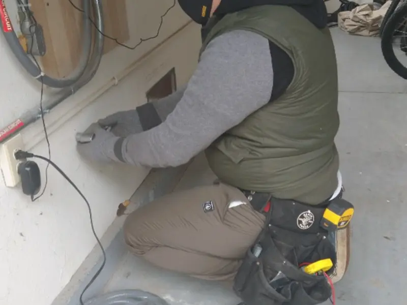 Electrician performing outlet wiring in a Belvidere garage